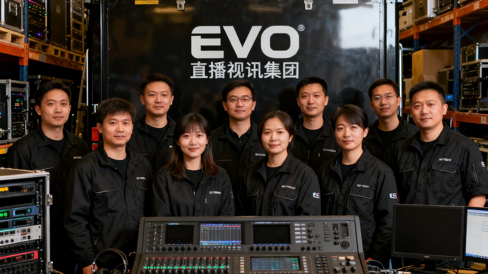 EVO视讯集团技术团队在专业直播导播车前合影，团队成员穿着统一黑色工装，背景是设备齐全的直播设备仓库，展示出专业严谨的工作氛围