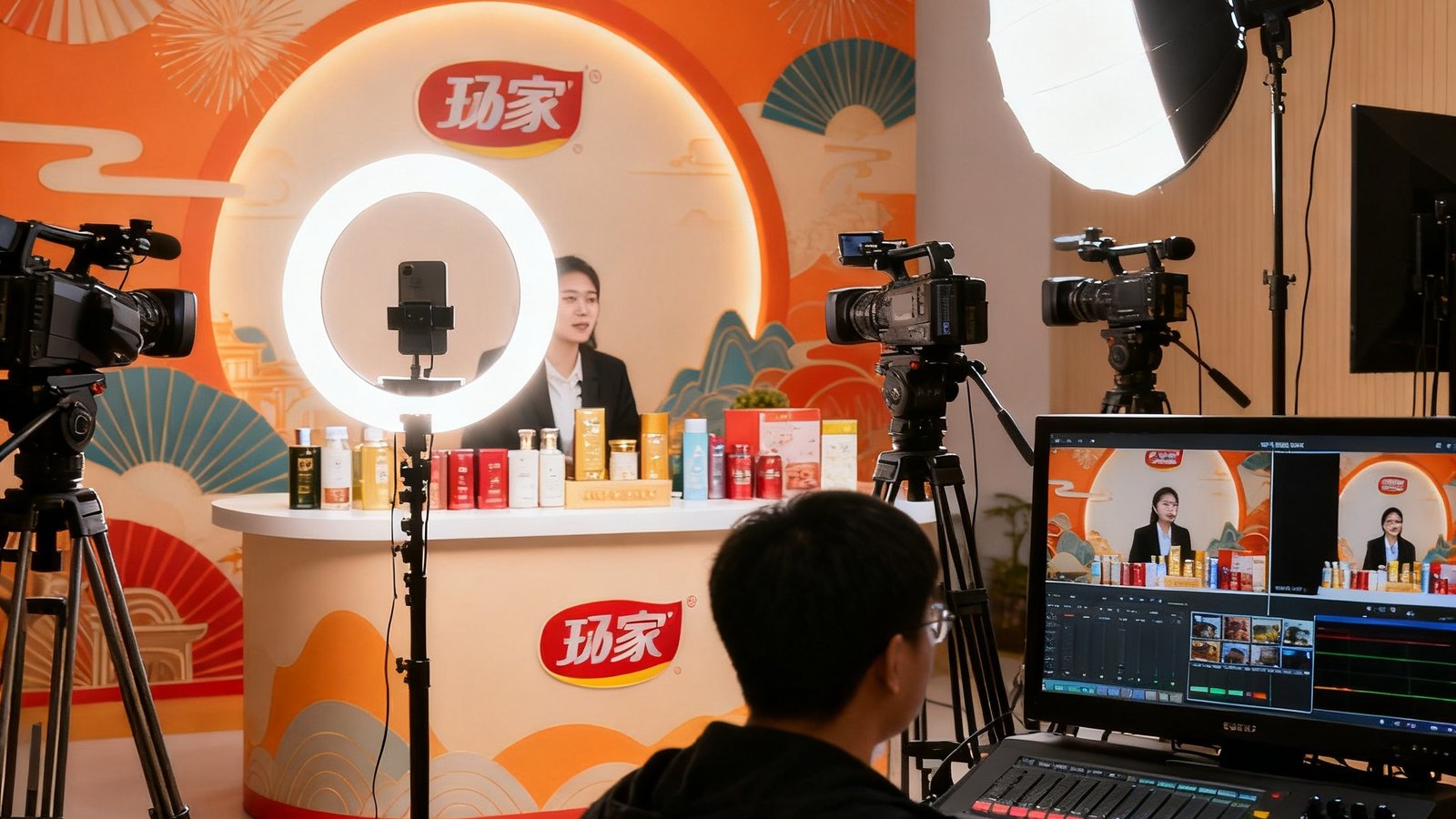 一间布置精美的电商直播间，环形补光灯照亮产品展示台，背景是品牌主题装饰墙，多角度摄像机对准主播位置，导播人员在控制台前监看画面