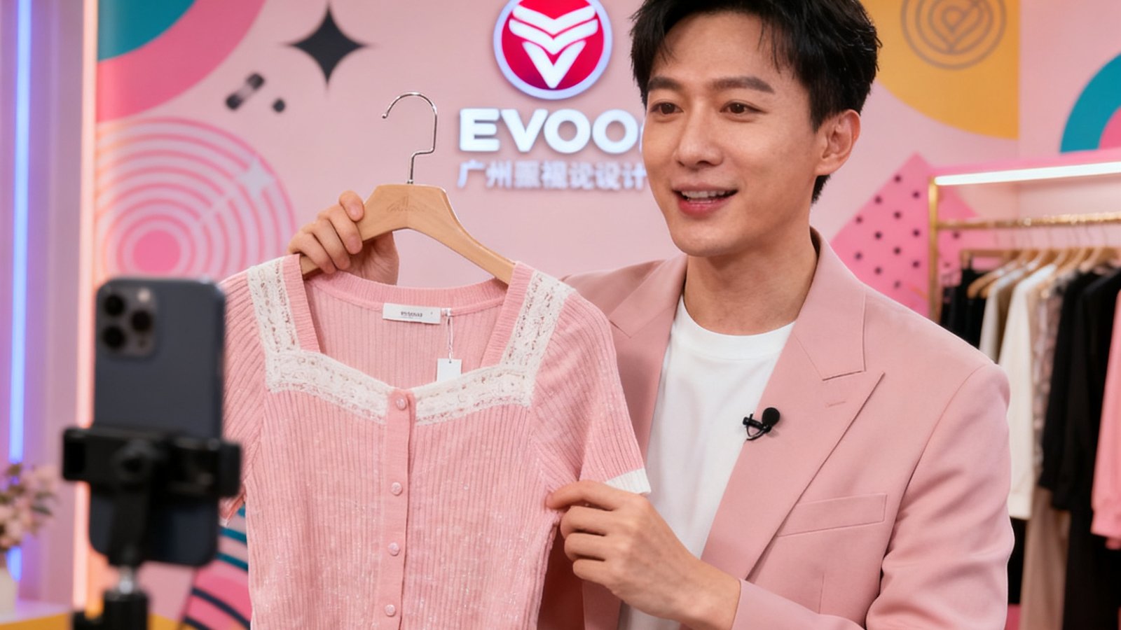 广州某头部服装电商品牌的直播间实景画面，主播正在展示新款服装，背景是EVO视讯设计的品牌主题装饰墙，灯光柔和均匀